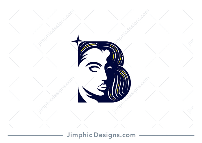 Modern and clean female face incorporated into an uppercase letter B shaped as her hair.