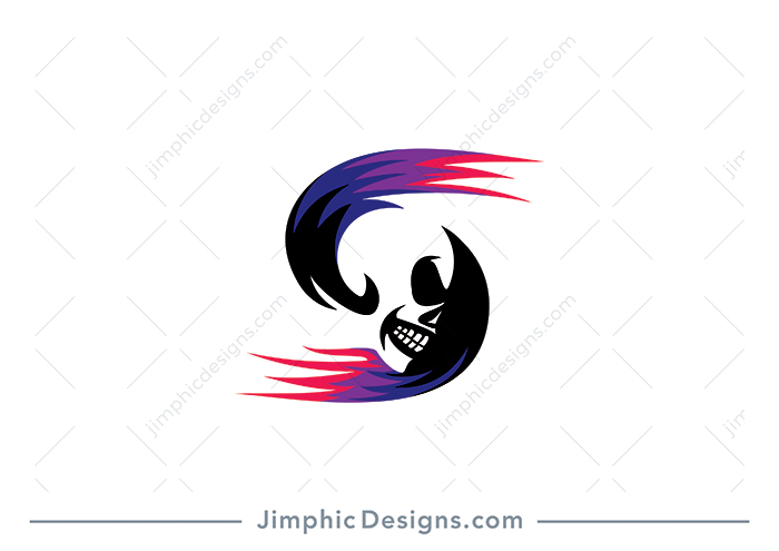 Modern letter S design is shaped with a white negative space skull in moving motion.