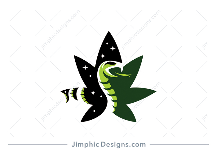 Iconic cannabis leaf featuring a big snake in the center with a starry background.