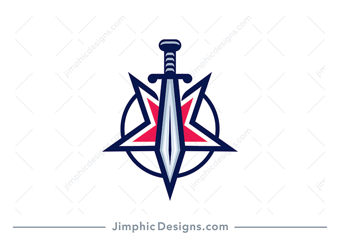 Sleek sword graphic shaped perfectly into a five point star turned upside down.