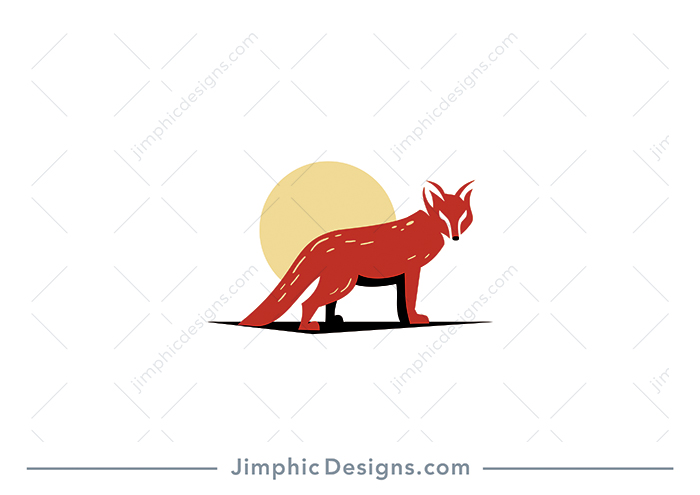 Simplistic and minimalist fox design standing stall with the sun behind him. 