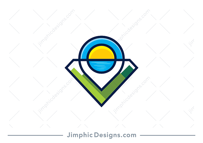 Iconic location marker design shaped inside a bold diamond shape featuring sharp green mountains. The transparent location marker is cut in half to represent the sun and ocean. 