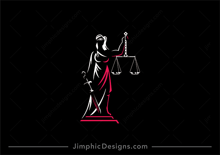 Modern lady of justice standing tall holding the scales of justice in one hand and a strong sword in the other. 