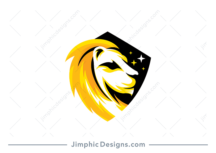 Modern big and fierce golden lion sitting perfectly inside a secure crest shape with stars. 