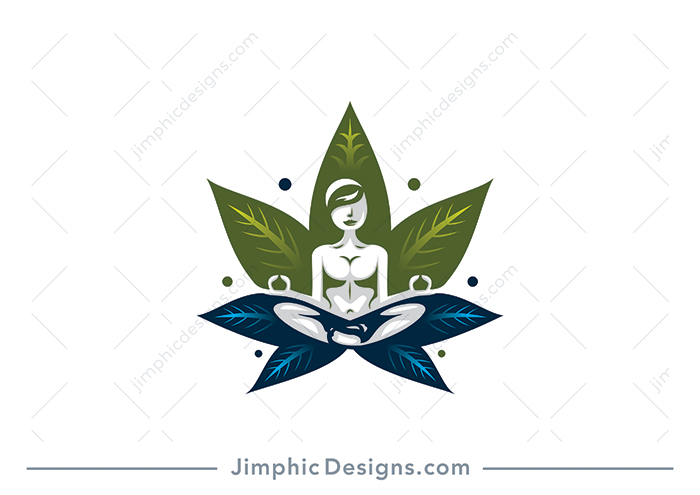 Modern woman sitting in a yoga posture situated inside a cannabis leaf.