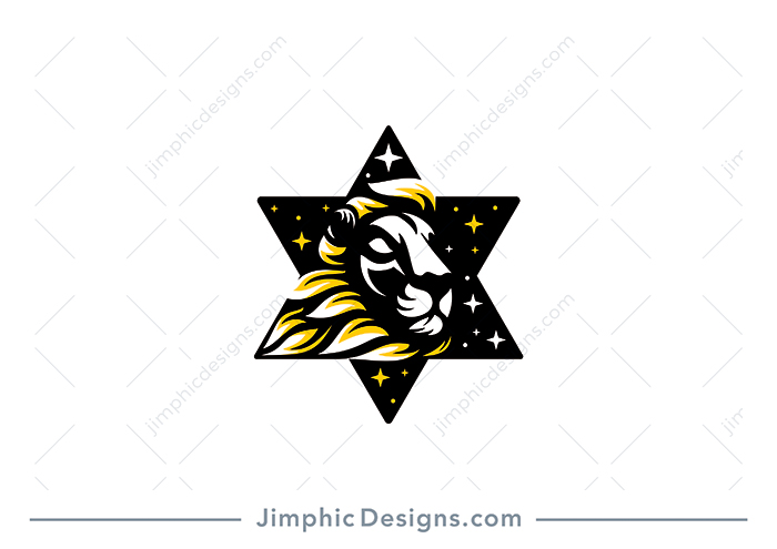 Modern lion face shaped into one triangle of the two triangles shaping the six point star.