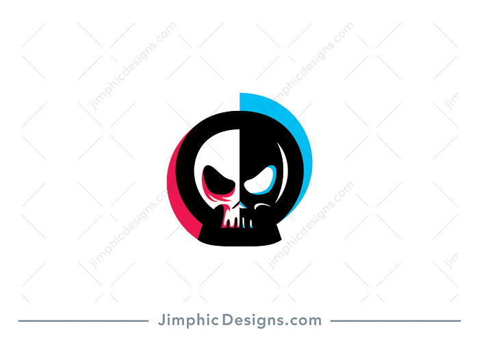 Modern and angry looking skull outlined in red and blue.