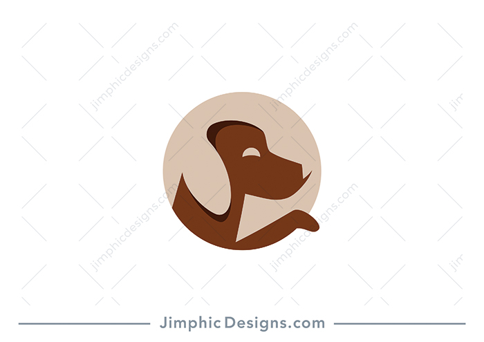 Very simplistic and charming smiling dog inside a circle with one paw outside.