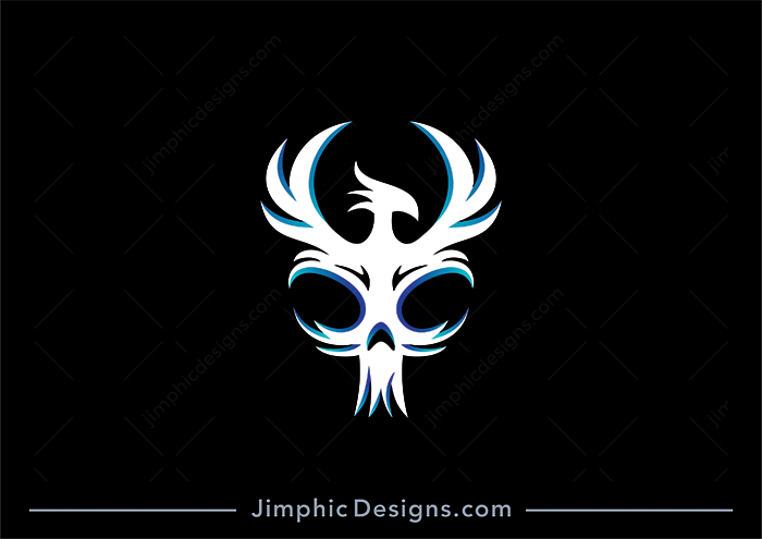 Modern Phoenix bird spreading it's wings wide and shaping a negative space skull.