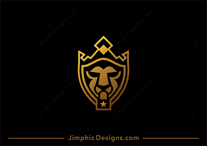 Modern and fierce looking lion inside a crest with a big padlock graphic shaping his mouth and chin.