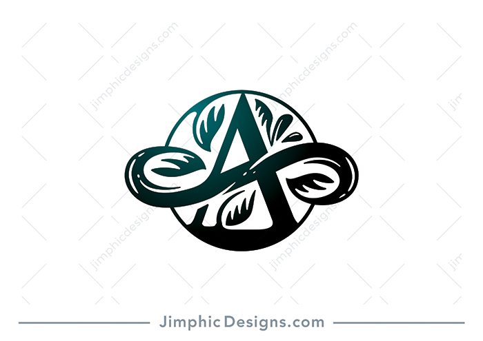 Modern uppercase letter A design inside a circle with leaves surrounding the letter in an infinity symbol.