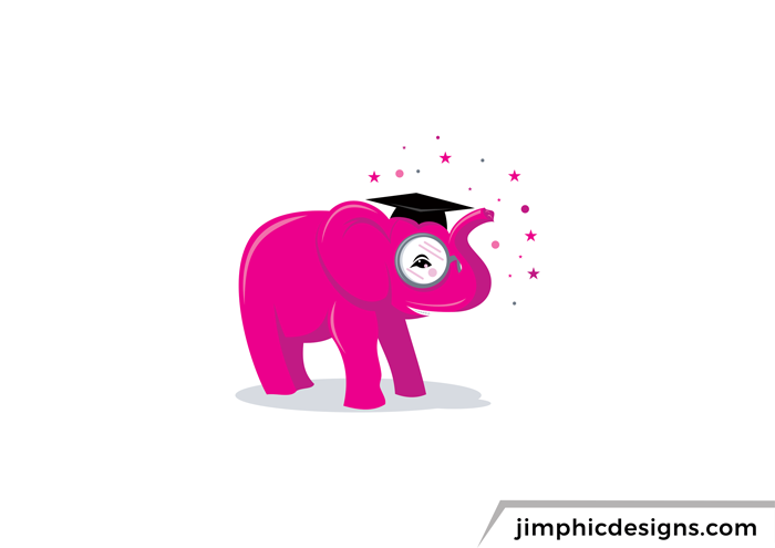 Pink geeky elephant with a graduation cap and sparkling