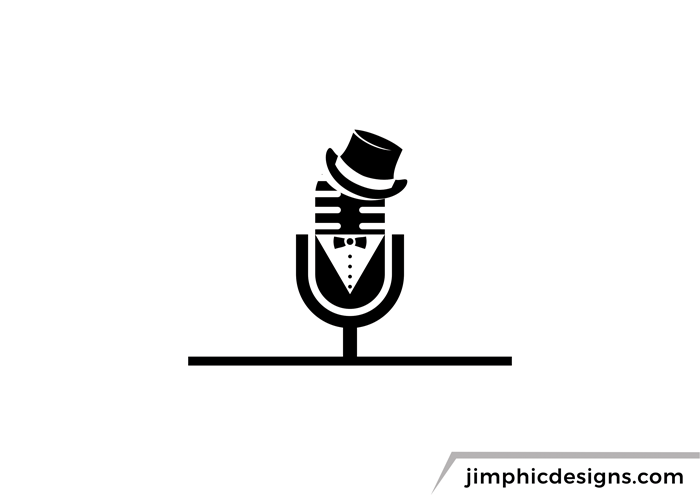 Podcast microphone with a gentlemen tux and hat