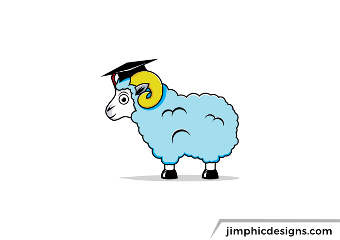 Cartoon goat with a graduation cap on his head, smiling. Representing a learning facility.