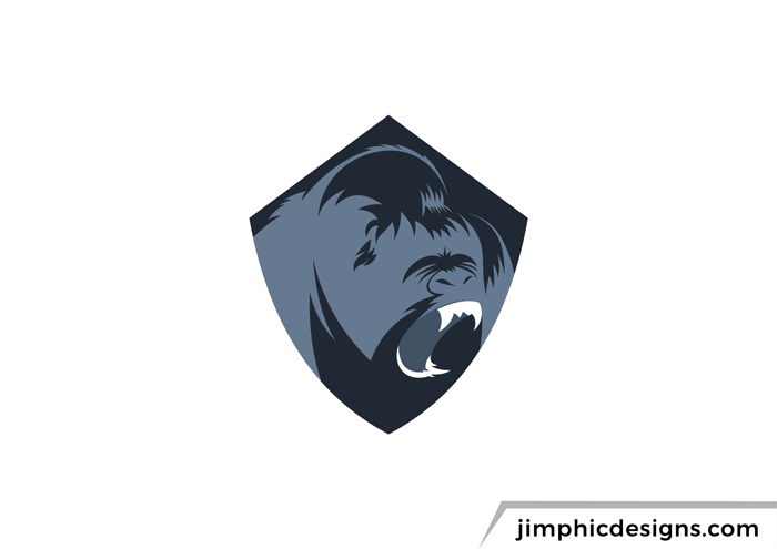 Modern gorilla graphic screaming inside a security crest.