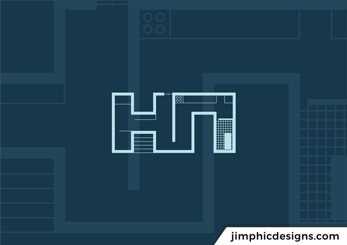 Architect drawing of a simple house in the shape of the letters H and N.