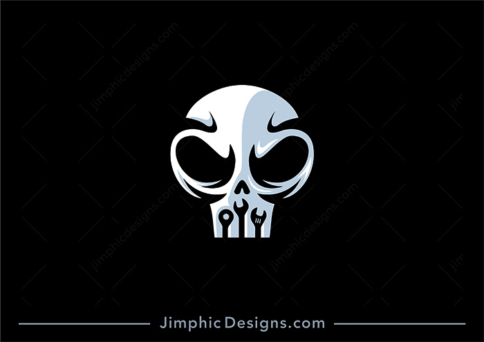 Fierce looking skull with some negative space tools between his teeth.