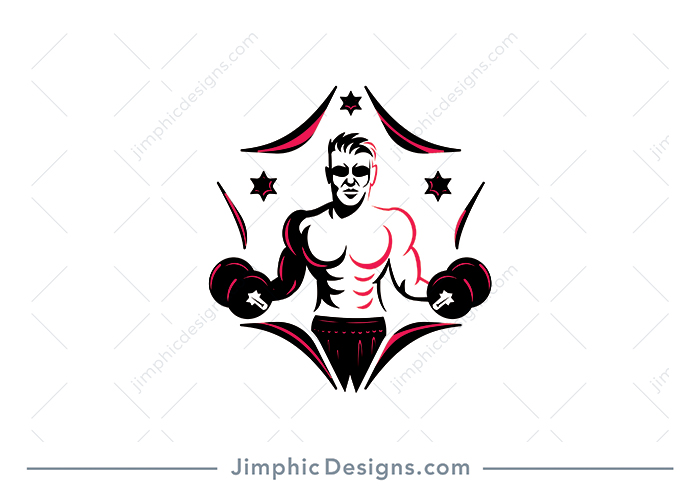 Very strong male human being holding a dumbbell in each hand inside a star shape.