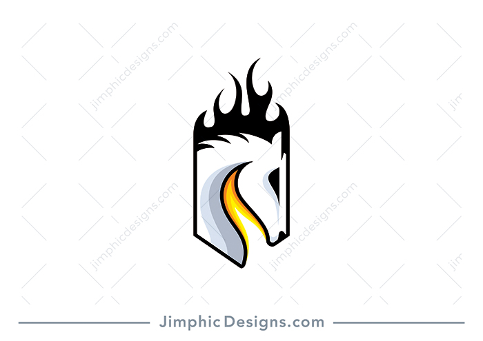 Modern and simplistic horse head design inside a crest shaping a negative space flame inside.