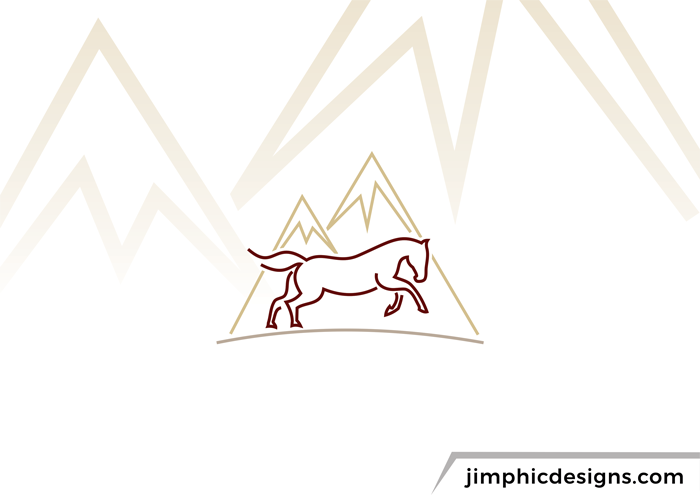 Line drawing of a horse running with mountains in the background.