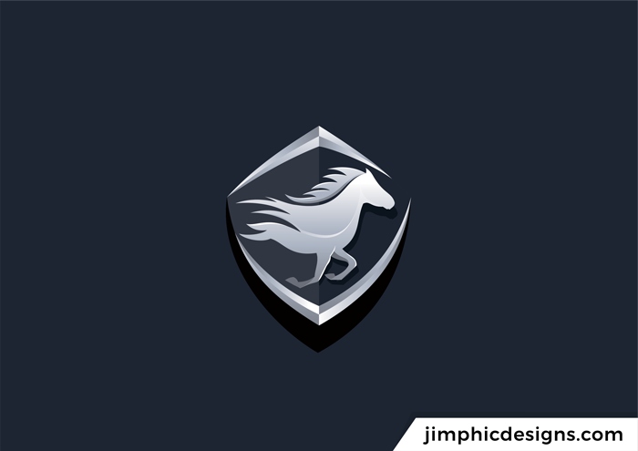 Fast moving horse inside a crest with a metallic 3D effect.