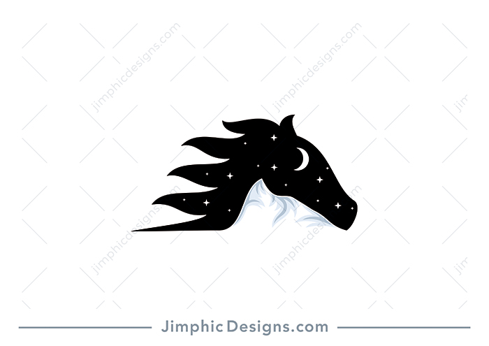 Horse head design shaping a mountain beneath featuring a night time scenery inside.