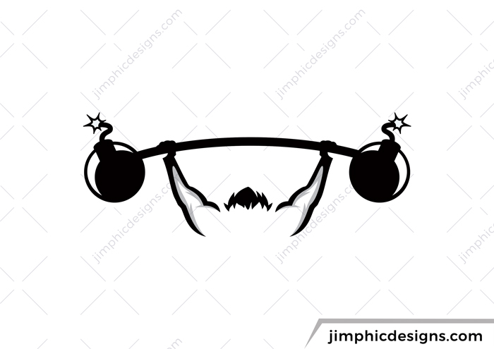 Workout or gym design featuring a person holding up weights above his head in the form of bombs.