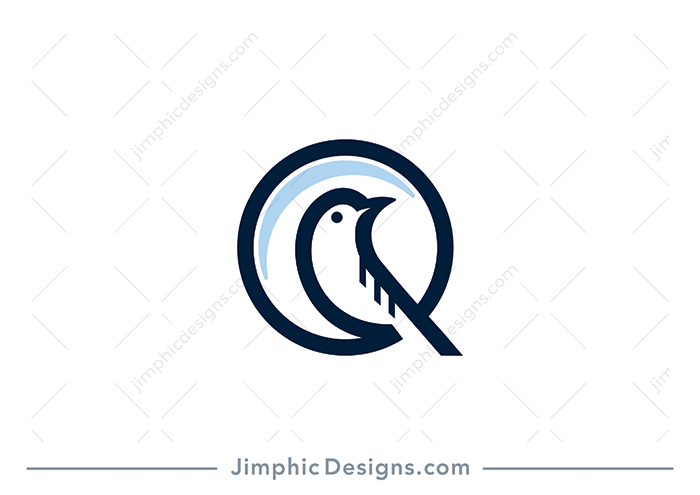 Charming line bird sitting inside a circle shapes the uppercase letter Q.