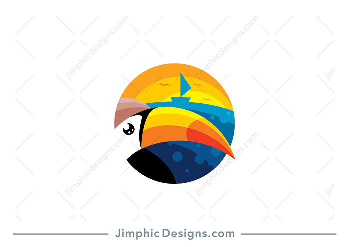 Cute toucan bird head in the center of a coastal scene featuring the beach, sea and sun. 