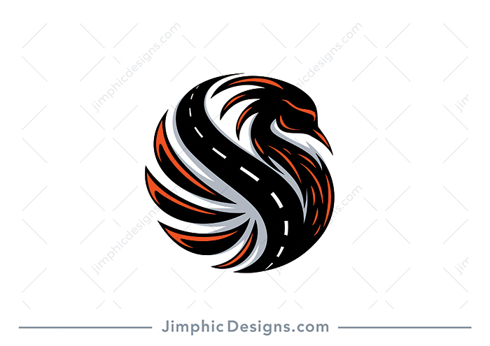 Smooth mystical phoenix bird design inside a round circle featuring a curving road flowing in the middle and incorporated into the phoenix bird. 