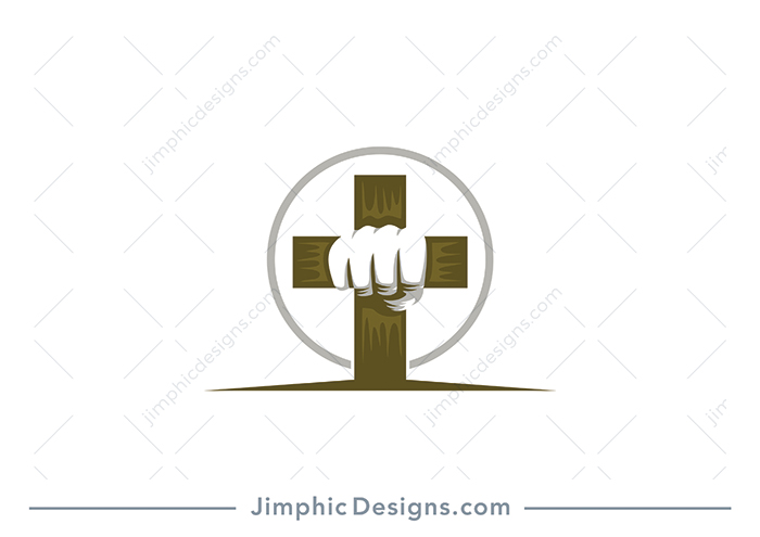 Modern and simplistic Christian cross shape with a white negative space fist punch in the center. 