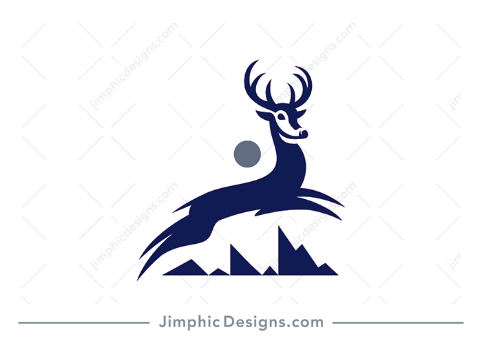 Modern and sleek deer in a jumping motion with some pointy mountains in the background.