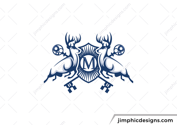 Two deer animals jumping forward with a crest and keys in the background. 