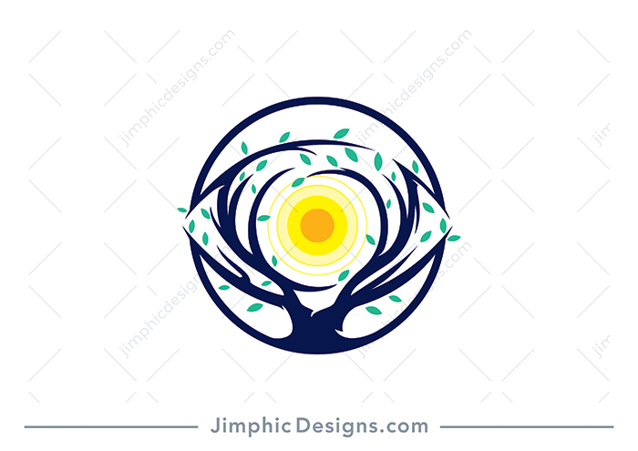 Sleek tree design with the branches creating the shape of an eye and the sun mimicking the shape of the inner eye and iris.