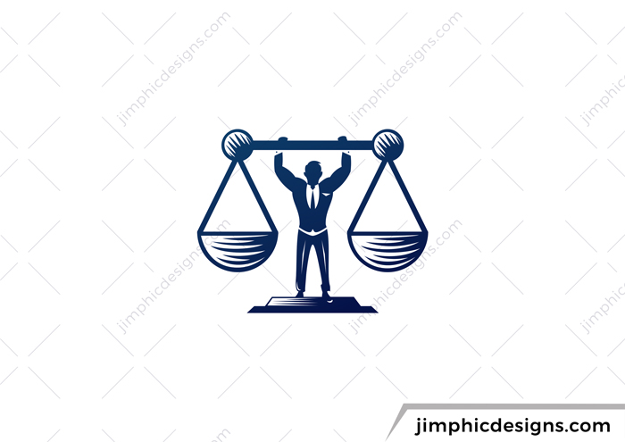 Man with suit holds up the scales of justice.