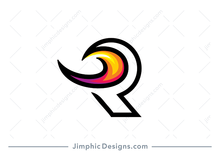 Modern uppercase letter R design is shaped with a big flame in the middle.