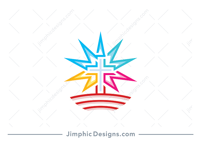 Modern and simplistic Christian cross design is intertwined with rays of light behind the cross. 