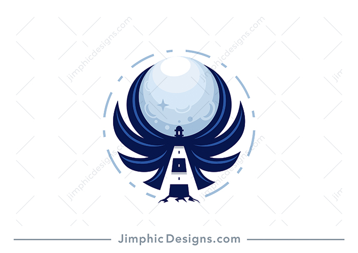 Strong and big lighthouse design featuring a big moon on top and wing like rays beaming off the lighthouse.