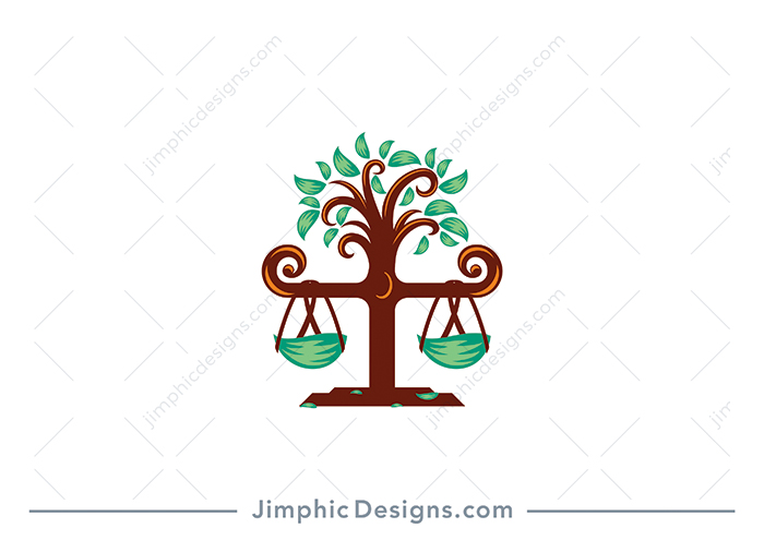 A modern twirly tree with big green leaves is attached to scales of justice with the scales being shaped by leaves. 