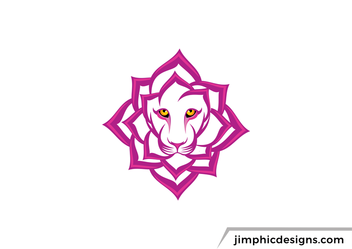 Female lion head incorporated into a flower design.