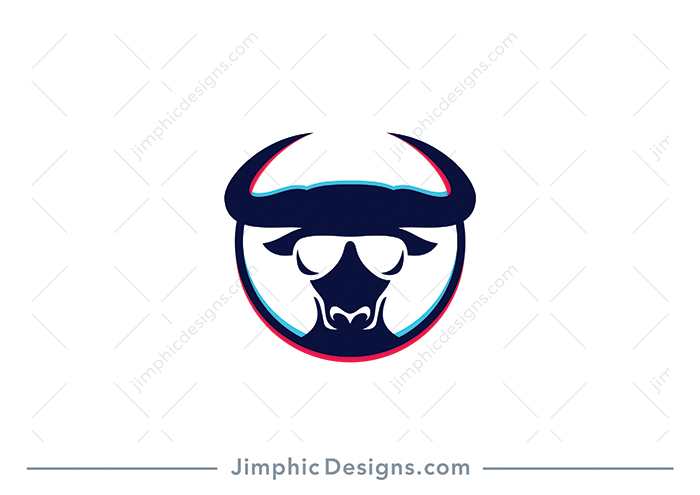 Modern and simplistic bull design with big sunglasses on his face shaped with white negative space. Slight 3D effect added to design. 