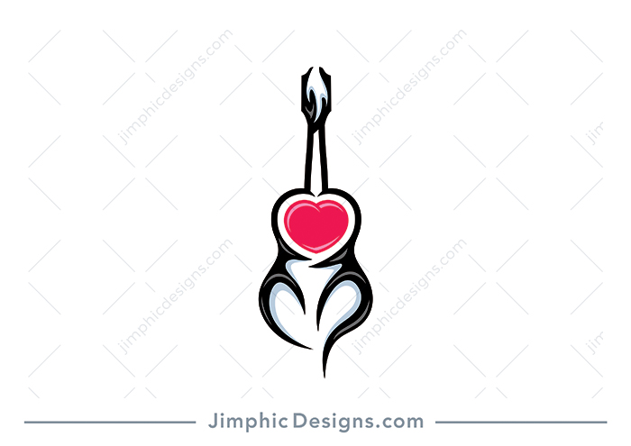 Modern guitar shaped with tribal and flame lines featuring a big heart in the center.