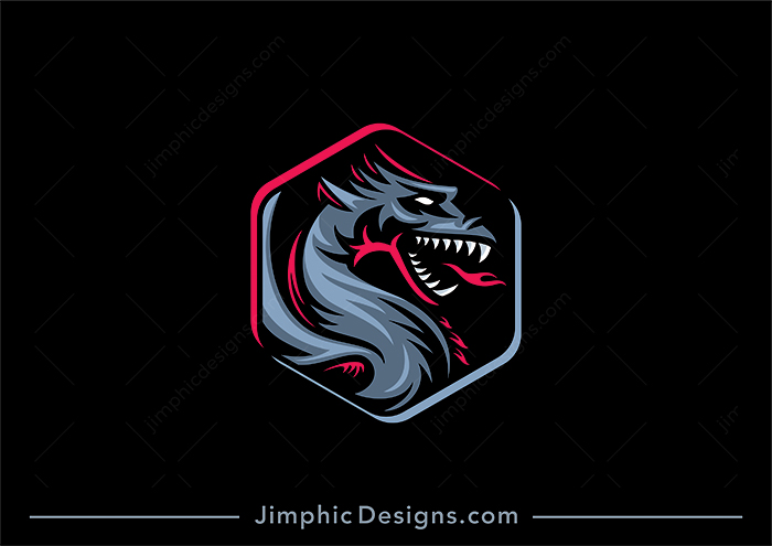 Modern and fierce looking dragon design in a 3D effect hexagon shape.