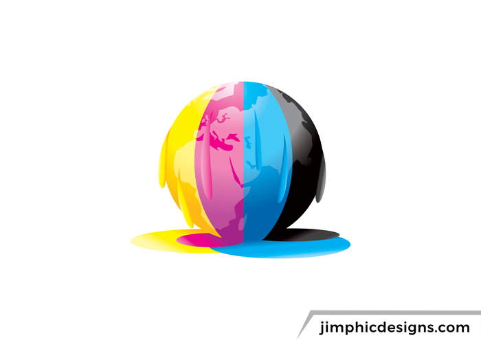 Earth globe design separated into four colors, CMYK printing colors, melting of the globe