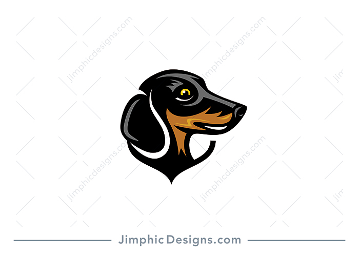 Charming Doberman head sticking out of a crest shape with a big smile on his face.