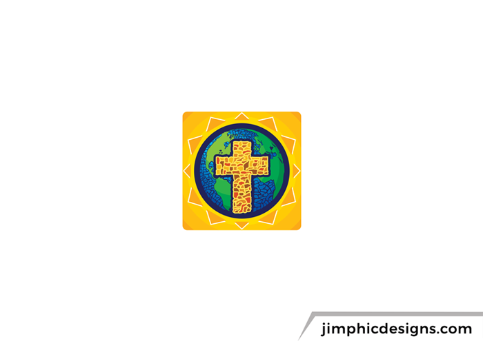 Mosaic tiles layered out to shape a christian cross inside the earth. 