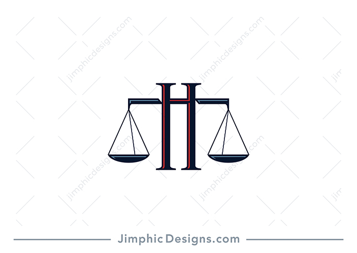 Modern sans serif uppercase letter H design carries the scales of justice with the middle beam. 