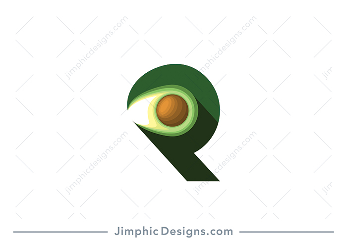 Big and smooth letter R shapes itself around a fresh avocado fruit created with negative space. 