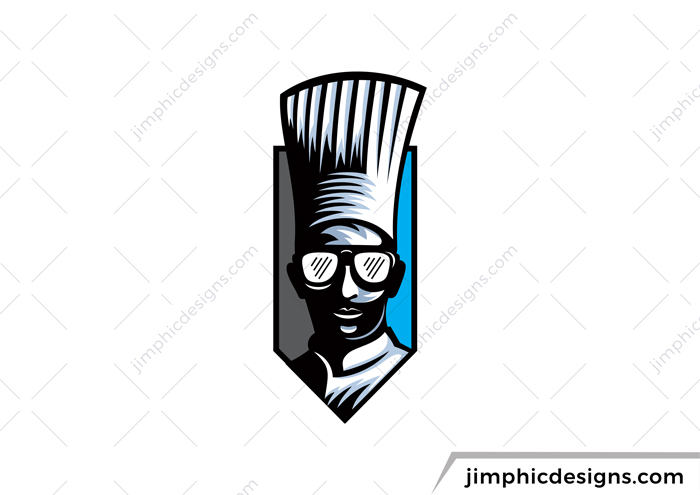 Chef with a big chef hat and sunglasses inside a shield.