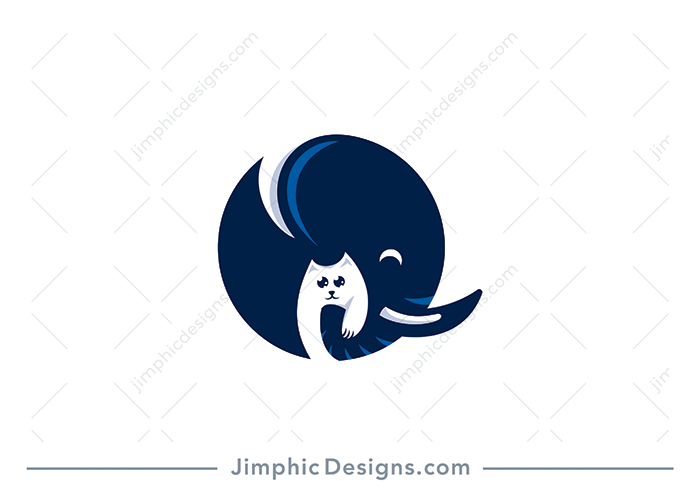 Simplistic elephant head design inside a circle hugging a cute kitten with his trunk and shaped with white negative space. 